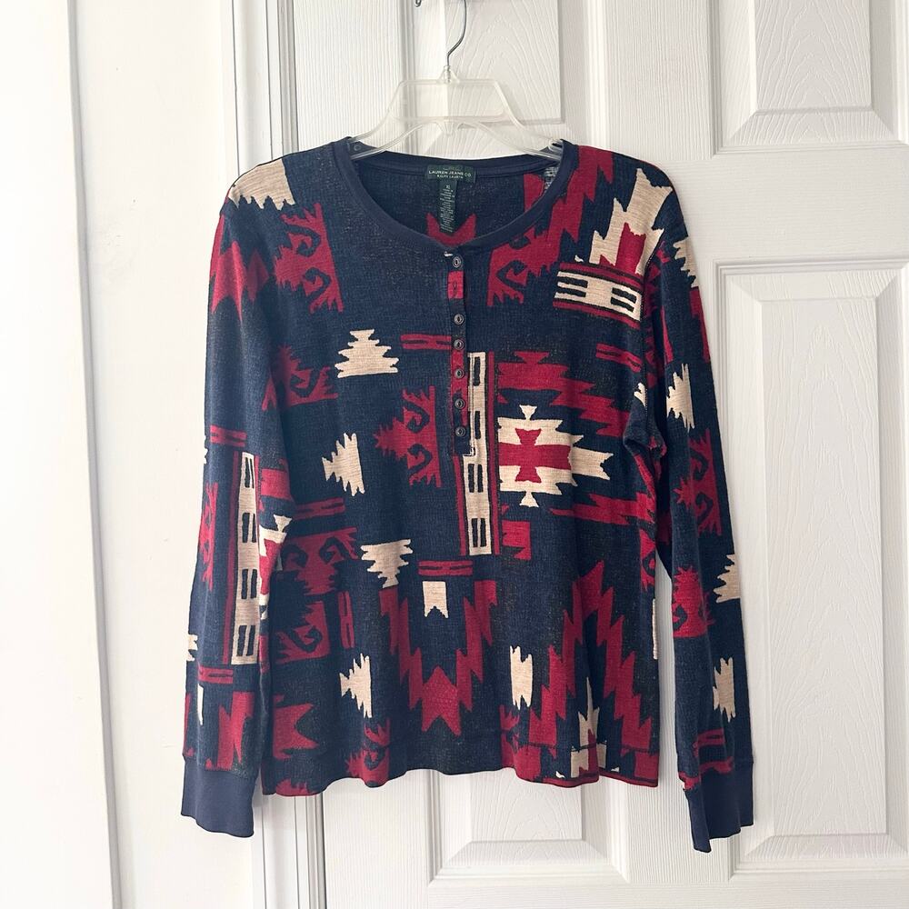 LRL Ralph Lauren Blue Red Waffle Knit Southwestern Elbow Patch Henley Shirt XL